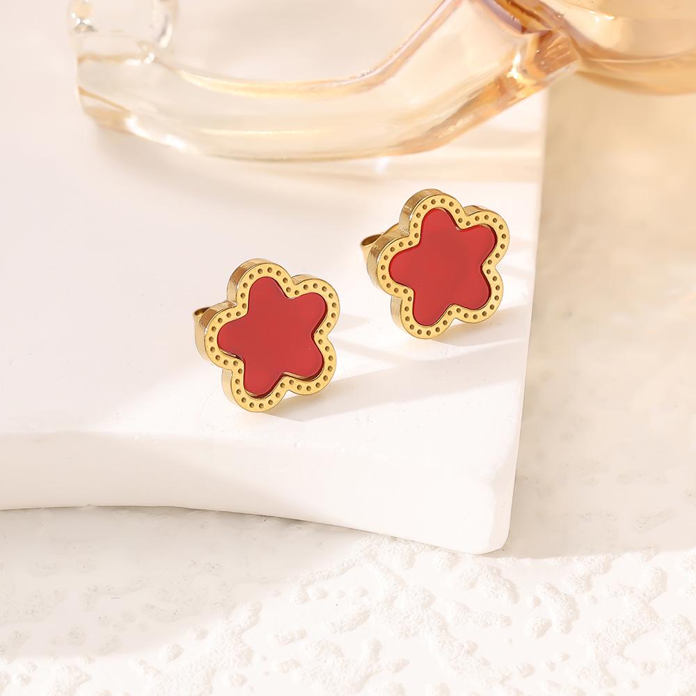 SHEIN 18K Gold-Plated Five-Petal Flower Jewelry Set: Bracelet, Necklace & Stud Earrings In Non-Fading Titanium Steel