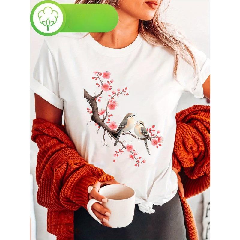 Women's Fat Birds Cherry Blossom Print Tee Round Neck Short Sleeve Spring Summer Lightweight Casual Playful Comfort Top