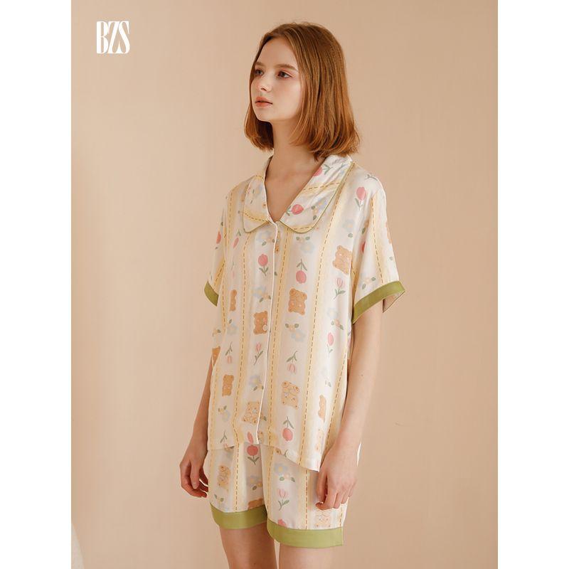 2024 Cute Cartoon Women's Pajamas Rayon Satin Short Sleeve Pants Soft Comfortable Can Be Outerwear Homewear Suit