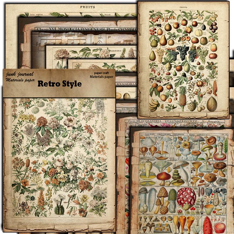 Retro Distressed Plant Book Page 14x18cm Material Paper for Journal Collage Decoration, 10 Sheets
