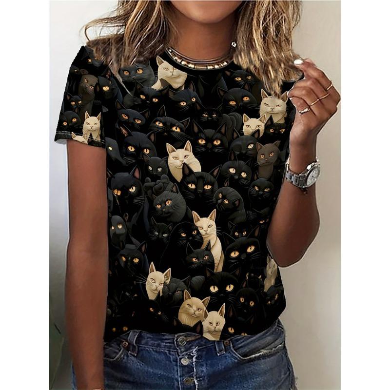 Summer Casual Women's T Shirt Cartoon Cute Cat Printed O Neck Short Sleeve Women's Outdoor Loose TShirt Tops Elegant Clothing