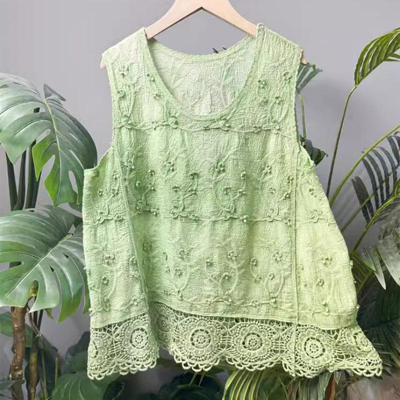 Embroidery, Embroidery, Cotton Embroidered Vest Top Women's Crew Neck Pullover Hollow Knitted Lace Sleeveless Bottom Solid Color T-Shirt