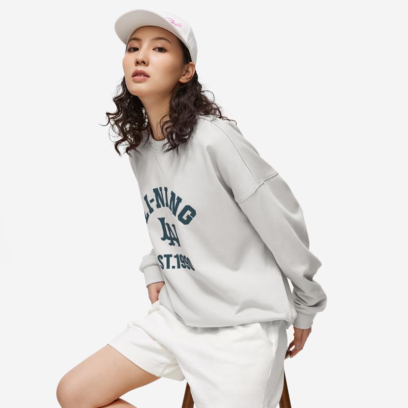 Li Ning Sports Lifestyle Series Fashion Round Neck Pullover Casual Long Sleeve Sweatshirt Women Sweatshirt Flower-Gray Tile-Gray AWDTB46-10