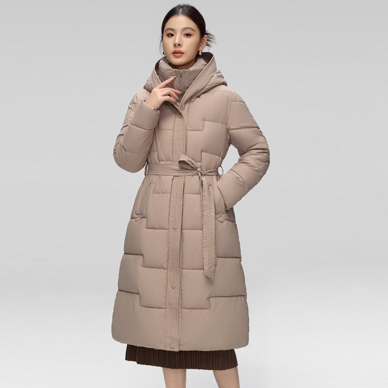 Vinter Dam Lång Dunbomullsjacka med Bälte Tjock Varm Lyxig Slim Huva Parka Kappa