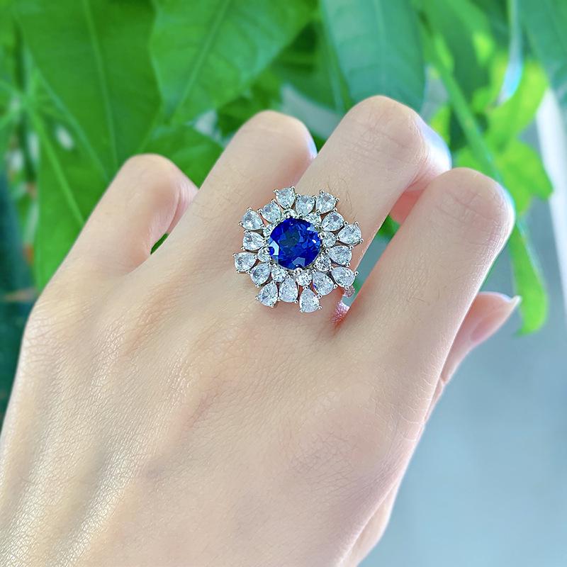 Luo Xi Temple Jewelry 925 Silver Blue Sapphire 8mm Women's Luxury Ring