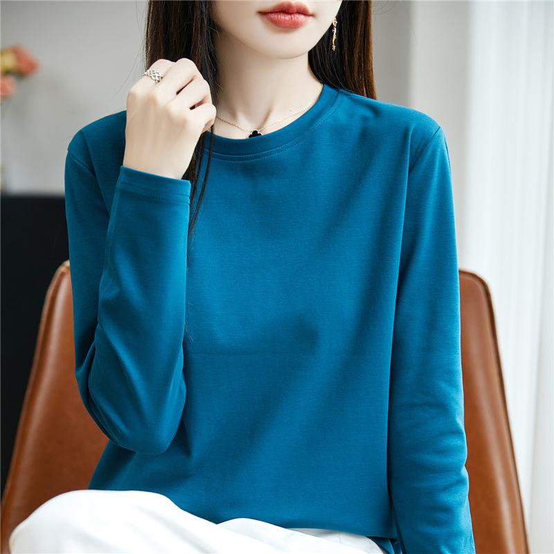 Women's Crew Neck Long Sleeve T-Shirt Regular Fit Elegant Lady Style Mercerized Cotton Solid Color Spring Casual Versatile Basic Layering Top
