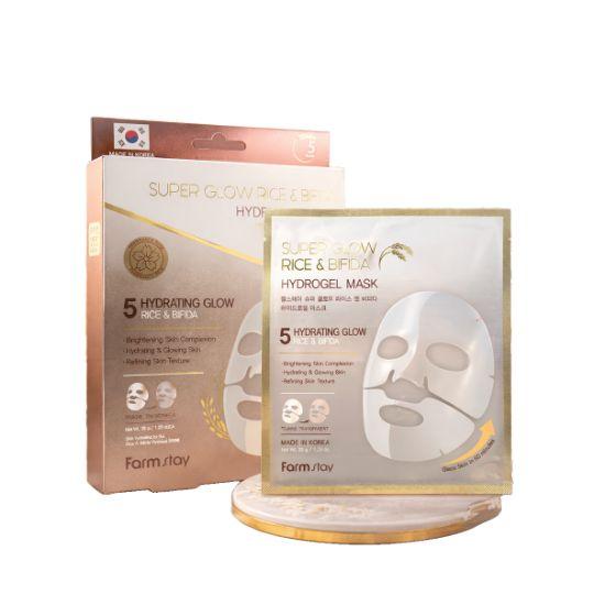 Farmstay Super Glow Rice & Bifida Hydrogel Mask Brightening & Moisturizing Sheet Mask 5pcs