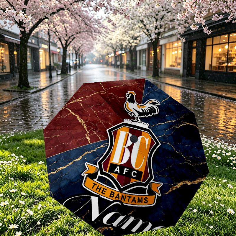 Custom Name Personalized Bradford City AFC Print Umbrella, Auto Open Close, 8‑Rib Sturdy Frame, Commute Camping Hiking Use, Birthday Gift