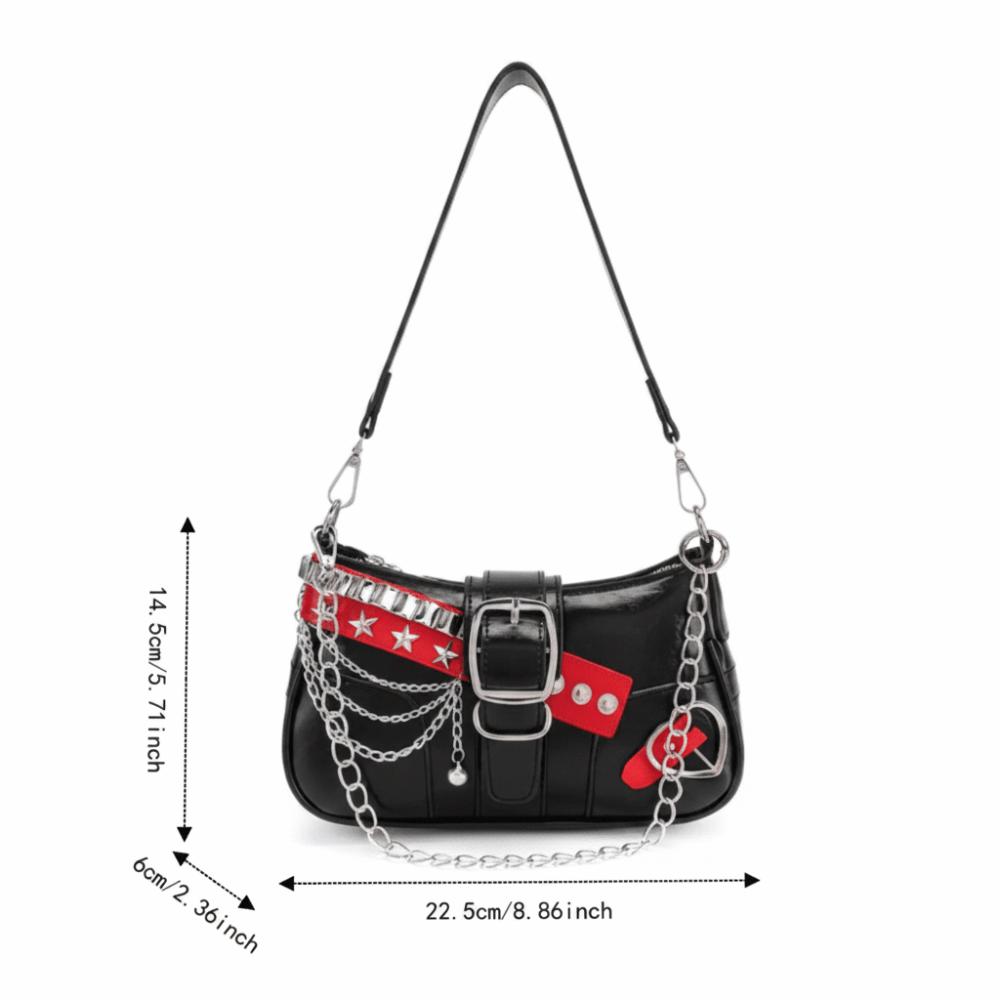 Punk Shoulder Bag Black Red Decor French Stick Handbag Fashion Star Rivet Underarm Bag  Daily