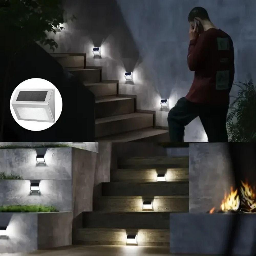 2Pcs White/Warm Light Stainless Steel Stair Lamp Energy Saving Solar Deck Lights  Fence Wall