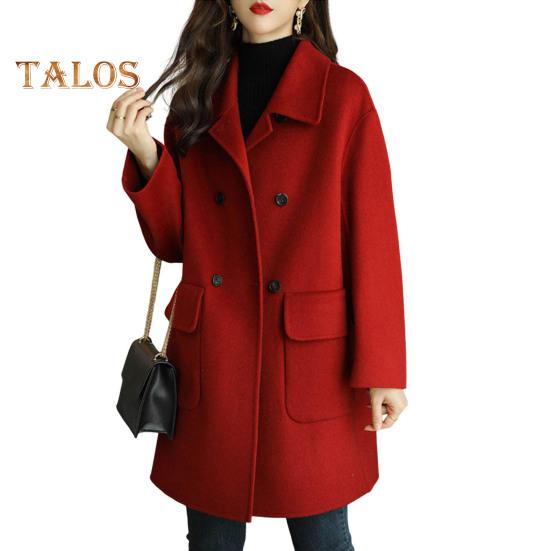 Women Jacket Turn-down Collar Long Sleeves Double-breasted Windbreaker Loose Pockets Mid Length Outdoor Travel Commuting Overcoat