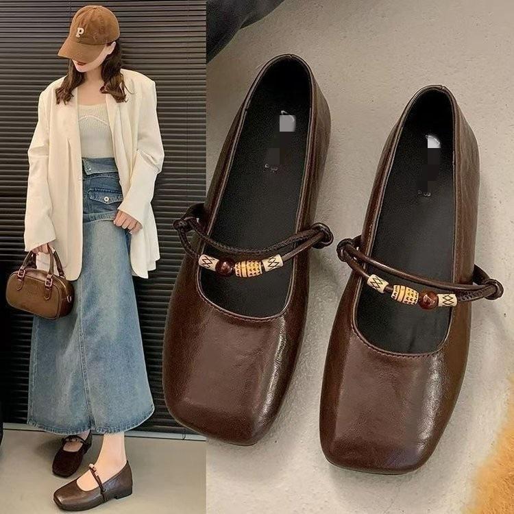 Flat-soled Mary Jane Shoes Women's 2026 New Single Shoes Spring French Shallow Mouth Retro Soft-soled Leather Shoes Ballet Shoes