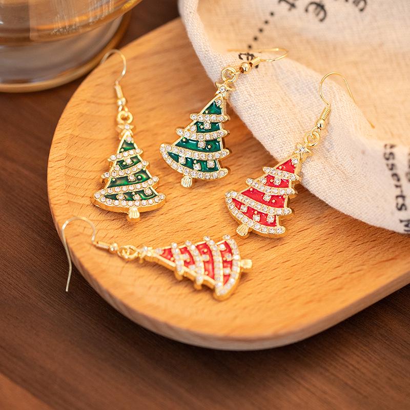Luxurious European-American Christmas Tree Earrings with Inlaid Diamonds - Sweet, Versatile Design