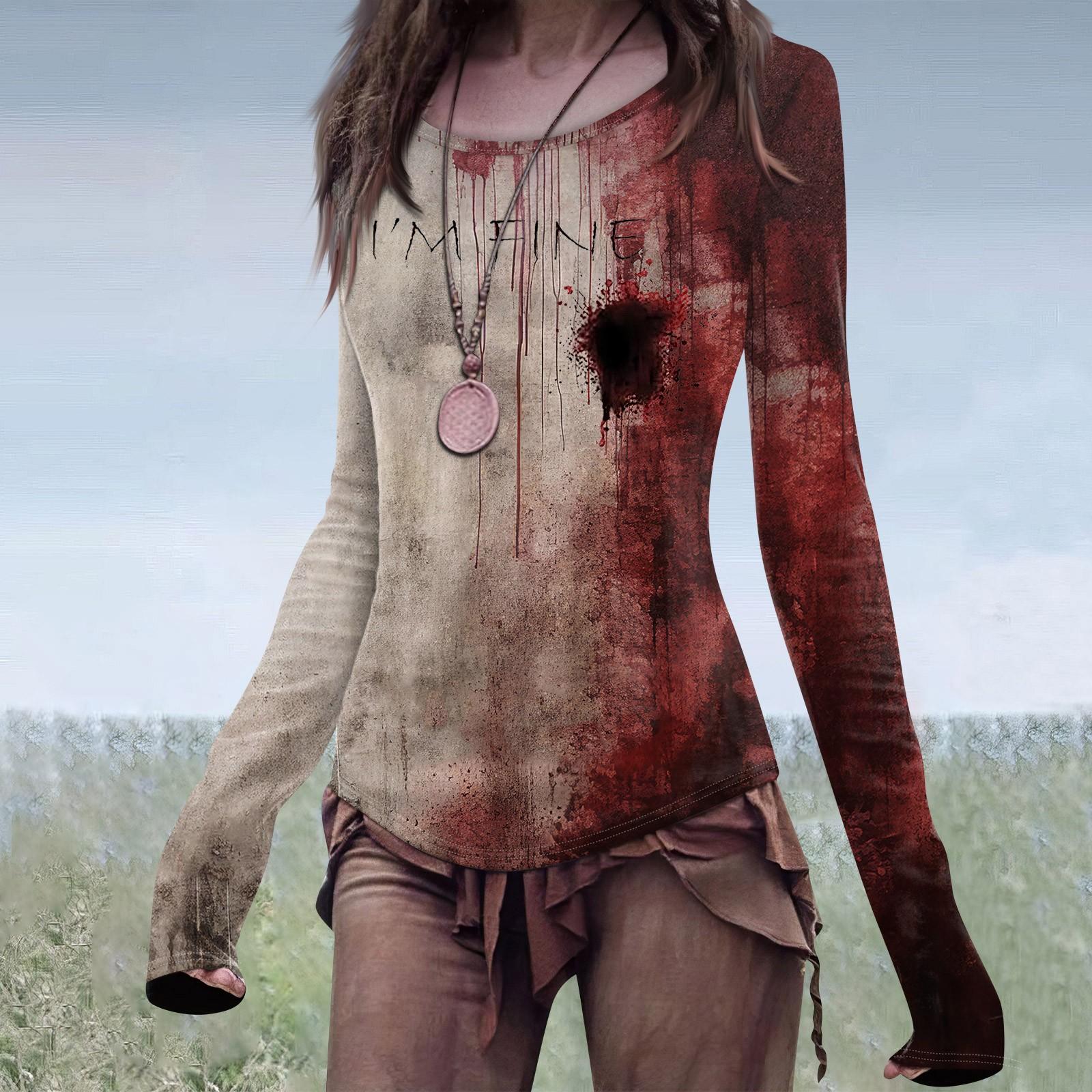 

Женская мода повседневный Mori Slim с длинным рукавом Хэллоуин принтованный круглый вырез обычный топ L