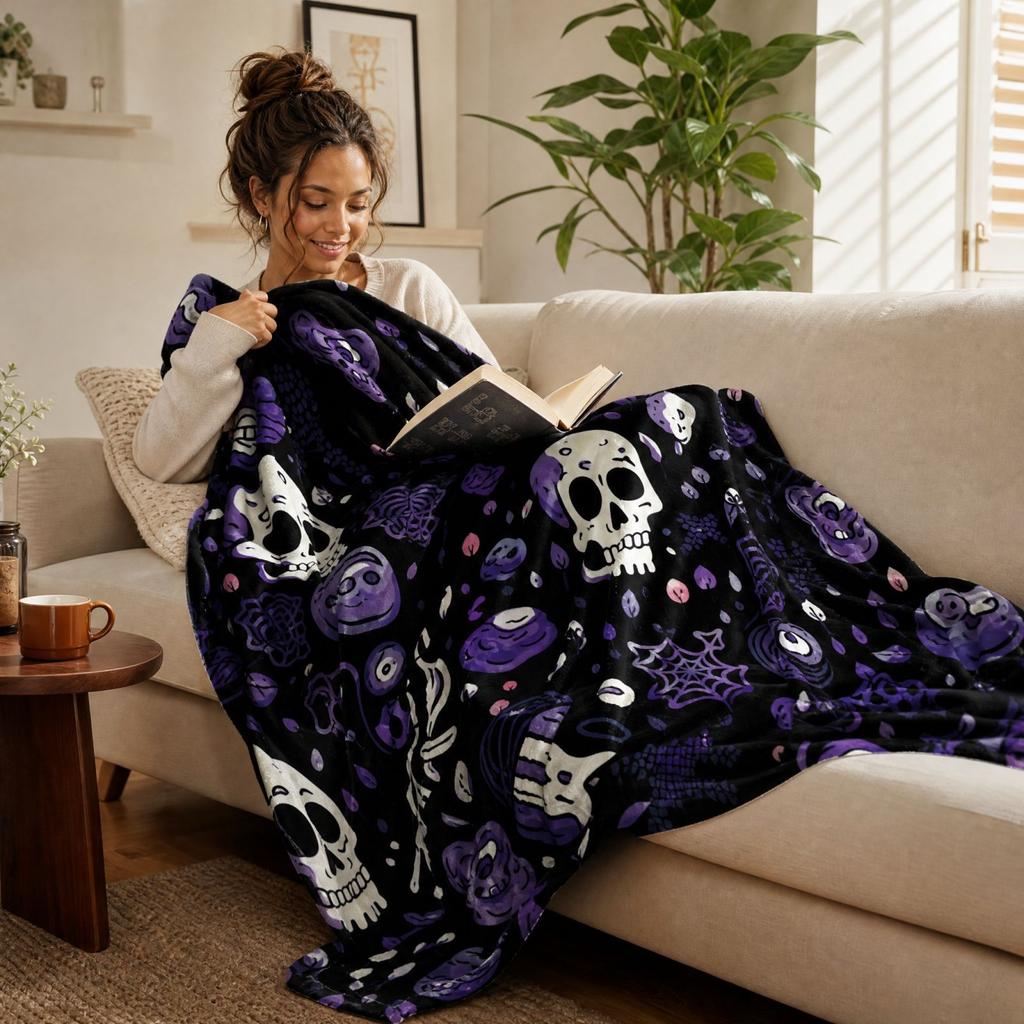 Stylish Halloween Print Flannel Throw Blanket, Soft Warm Nap Blanket for Sofa and -Conditioned Rooms, 100 150 cm, 230g, 5