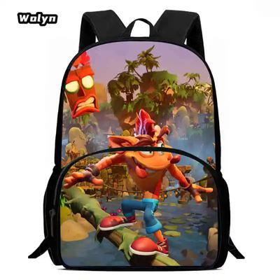 Mochila Escolar de Desenho Animado, Mochila Escolar Anime Crash Bandicoot para Meninos Meninas, Mochila Infantil de Grande Capacidade para 1º ao 4º Ano