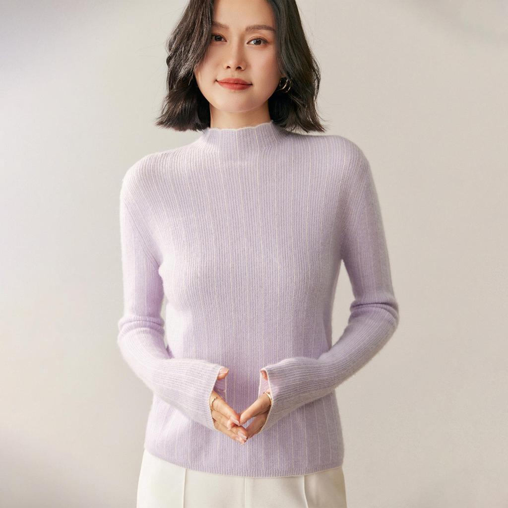 Women's Cashmere Knit Sweater: Retro Slim-Fit, Half-High Collar, Versatile Solid Color for Autumn & Winter.
