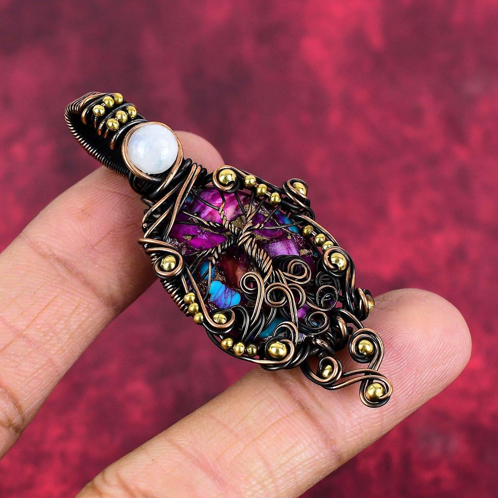 Tree of Life Natural Kingman Pink Dahlia Turquoise Pendant Copper Wire Wrapped Gemstone Pendant Handmade Moonstone Jewelry Gifts for Mother