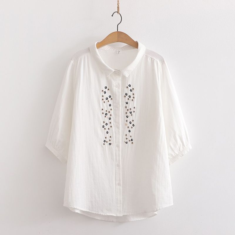 Retro Artsy Ethnic Style Embroider Flower Pure Cotton Shirt 2024 Spring New Arrival Loose All-Matching Top Women