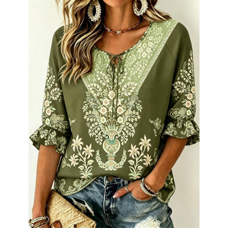 Women's Burgundy Ornate Floral Print Tie Front Blouse, Casual Loose Top for Spring Summer Daily Wear