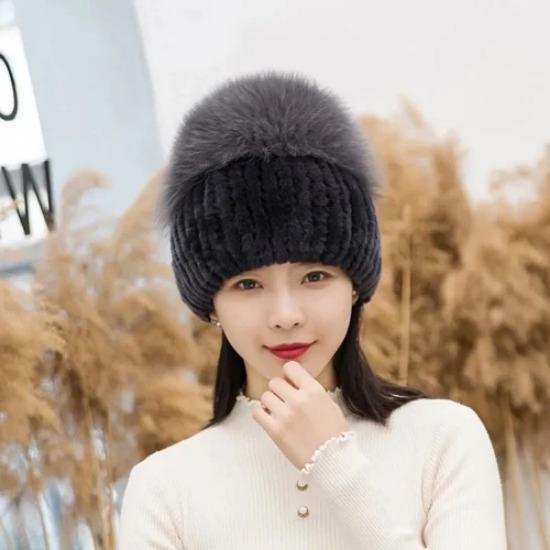 New Outdoor Good Elastic Natural Rex Rabbit Fur Hat Women Winter Knitted Real Sliver Fox Fur Cap Lady Real Fur Hats
