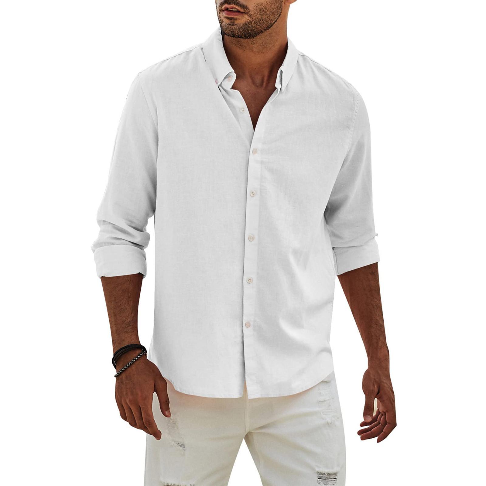 

Мужская модная однотонная повседневная футболка с длинным рукавом и пуговицами, рубашка обычного кроя, топ XL белый