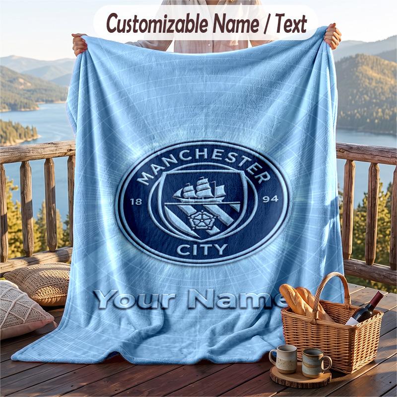 Flannel Blanket Manchester City Print Custom Name Text Soft Throw for Sofa Bed