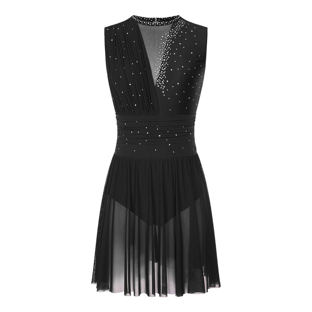 Womens Dance Costume Glittery Ruched Skating Dress Sleeveless Rhinestone Stage Outfit