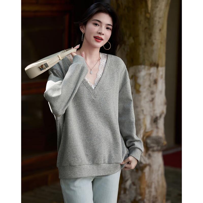 Petite Women's Korean Style Lace Patchwork V-Neck Drop Shoulder Sweatshirt