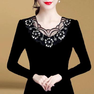 Otoño Invierno Camiseta Básica de Mujer Encaje Negro Manga Larga Talla Grande Top Interior