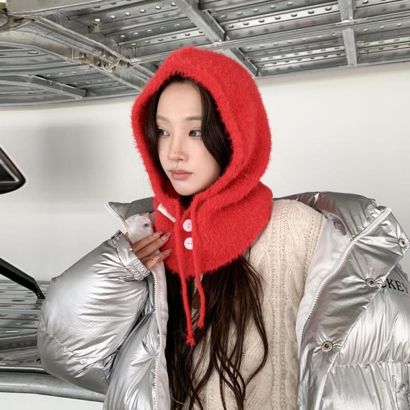 Women s Wool Blend Angora Winter Balaclava Hooded Hat ivory