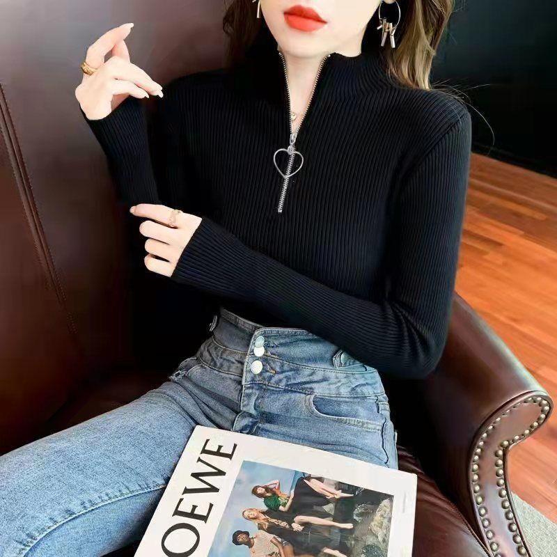 Women's Black Slim Fit Half Turtleneck Long Sleeve Zipper Shirt - 2022 Autumn New Style