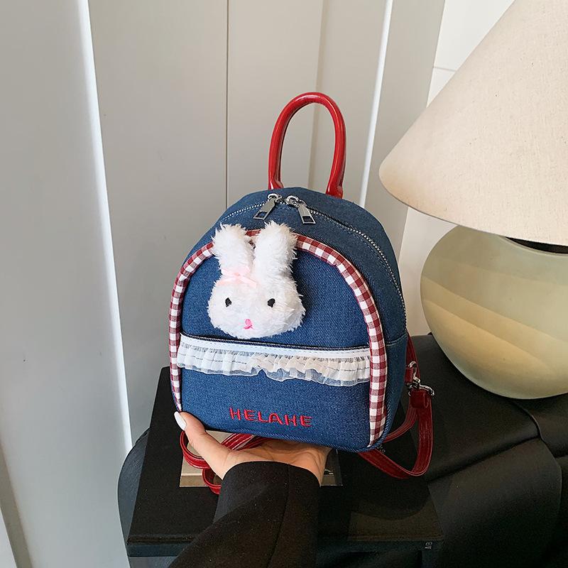 Sweet Denim Backpack Women's New Fashion Cute Rabbit Small Schoolbag Autumn Contrasting Color Backpack
