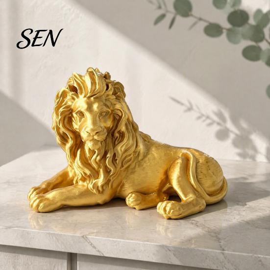 Gold Lion Figurine for Office Golden Lying Resin Figurine, 3D Printed Recumbent Statue, Decoration Sculpture Desk Bookshelf Wine Cabinet Tabletop