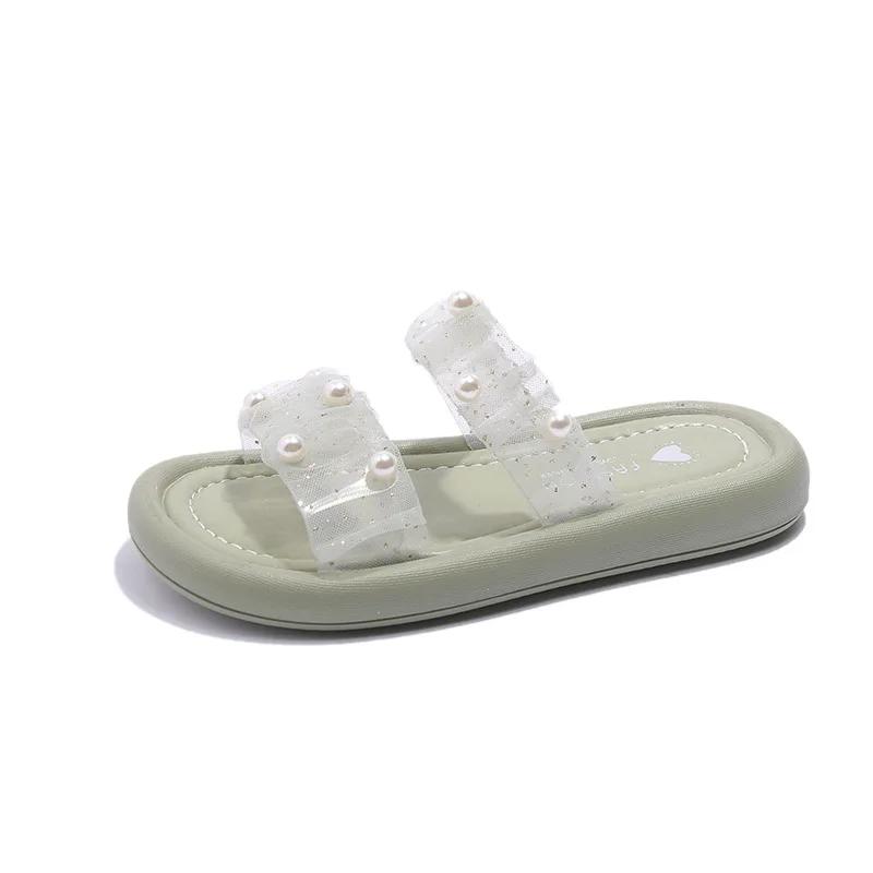 

2024 Детские уличные тапочки для девочек, летние, новые модные, сладкие, с бисером, мягкие, удобные, в праздничном стиле, нескользящие, пляжная обувь 26 зелёный