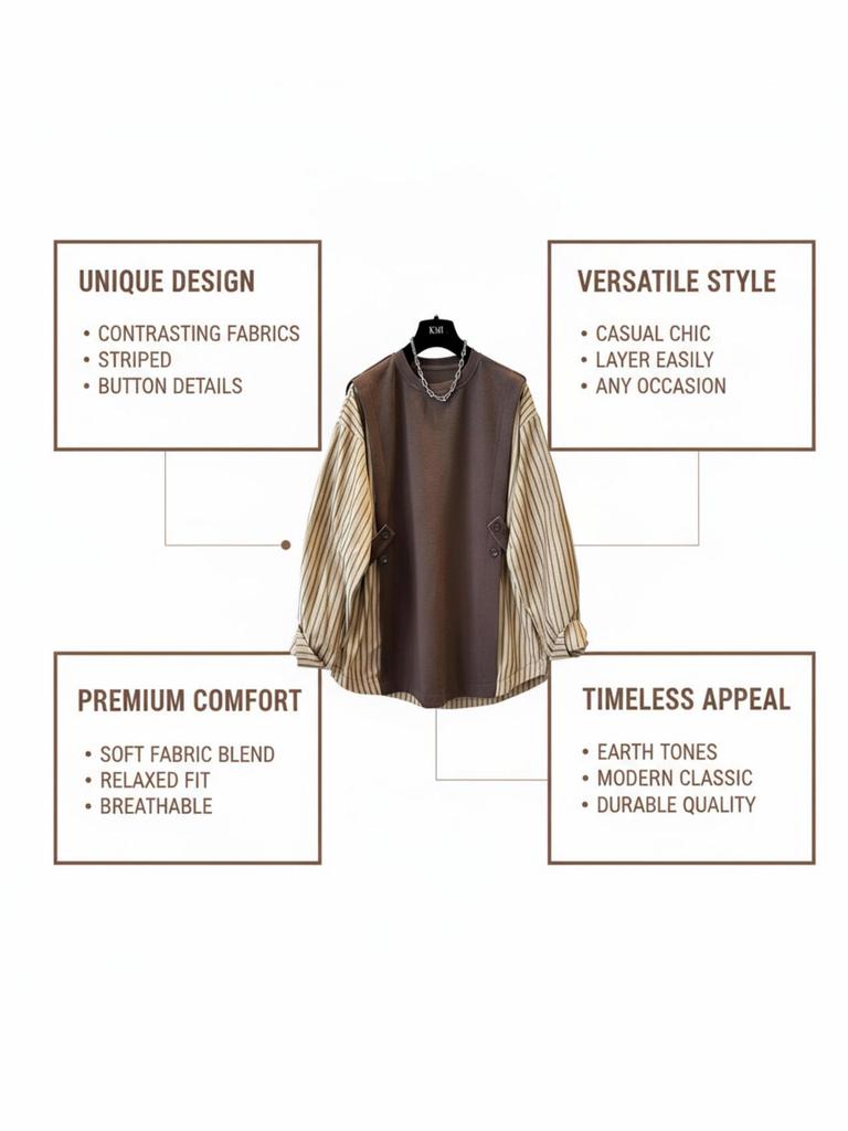 Plus Size Slimming Two-Piece Look Stripe Shirt: Women's Spring/Autumn Round Neck Long Sleeve Top