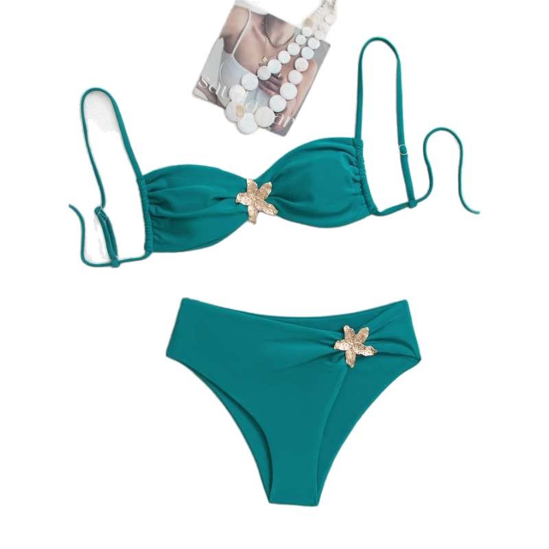 New turquoise swimsuit women's metal decorative bikini suit women's sexy tube top high waist vacation swimsuit