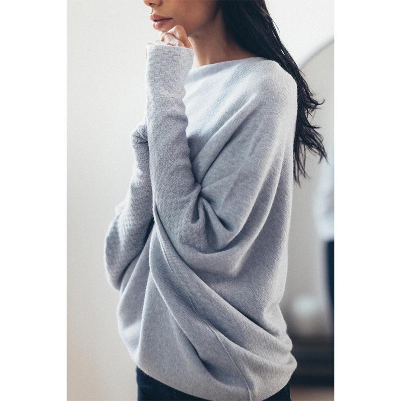 Solid Color Round Neck Ruched Pullover - European & American Style, Long Sleeve, Comfortable Knit