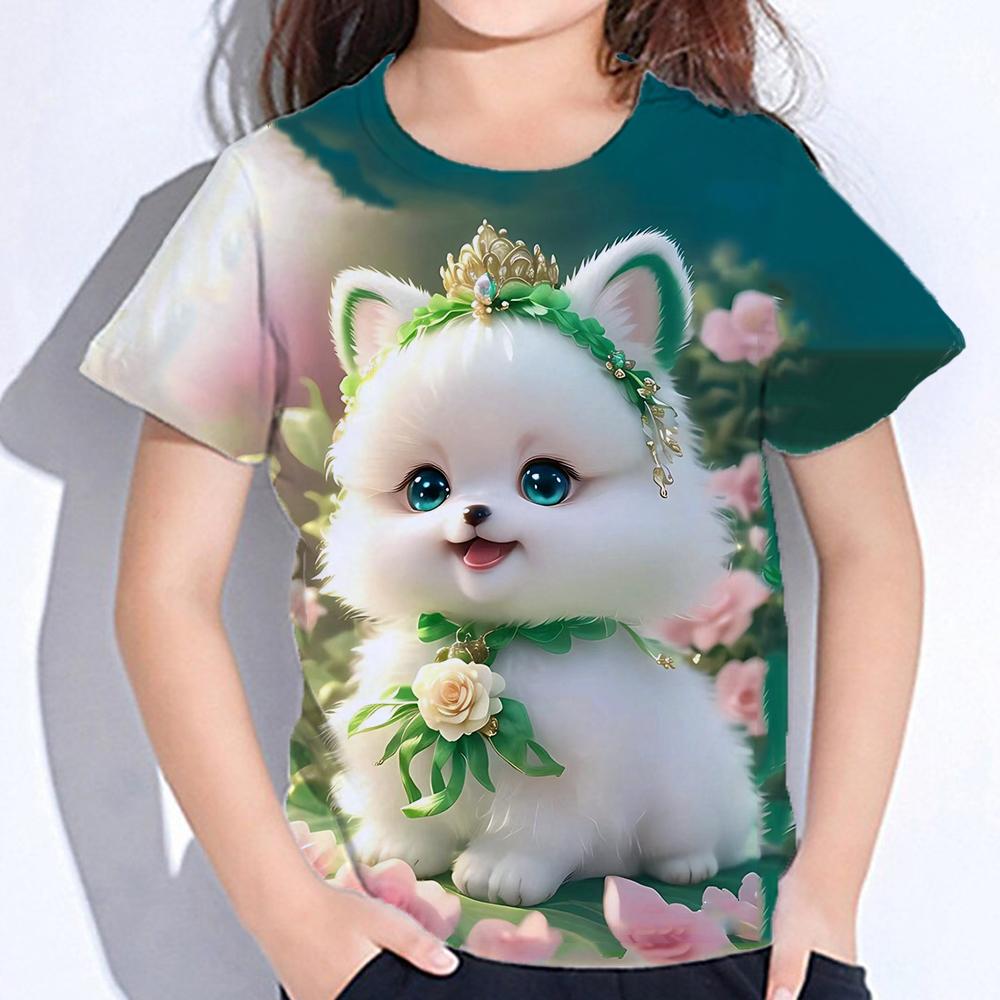 2025  Kids Clothes Blouse for Girls Kawaii Cat Girl Short Sleeve Tshirt Print Boys Clothes Polyester Girl Tee Shirt Child T-Shirt