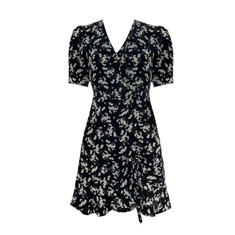 Black Floral Dress Looks Thin Summer New Skirt French Waist Lotus Leaf Short Skirt Tie-dye