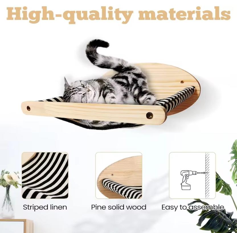 Cat Hammock Wall Mounted Large Cats Shelf - Solid Wood Cat Perches Climbing Shelf- Stripes Kitty Furniture for Sleeping