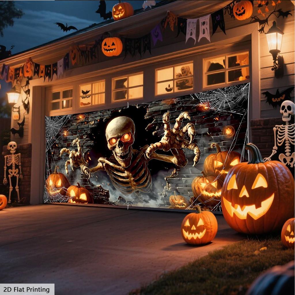 2D Flat Print 1pc QD_VIVIOS-Oversized-Halloween Skeleton Spooky Pumpkin Decor Polyester Multi Purpose Holiday Decor Yard Decor- 2D Flat