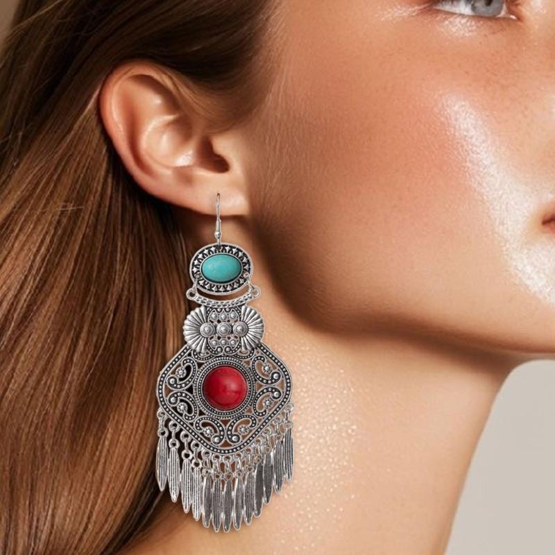 Artisanal Tribal Styles Drop Earrings With Natural Stone Accent Sturdy Alloy Retro Fringe Designs