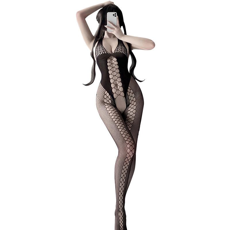 Sex underwear one-piece netwear net socks suspenders hollow crotch large size sexy neck WY