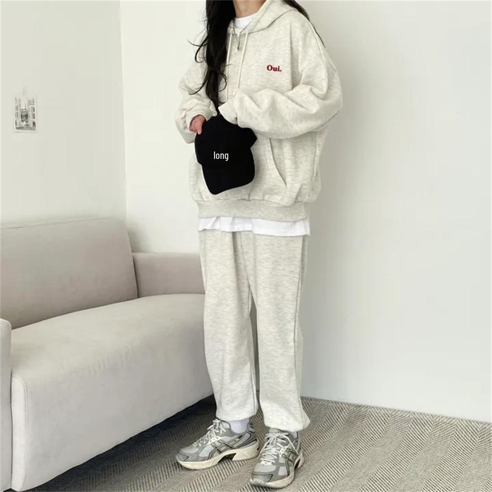 Women's Loose Sportswear Set: Solid Color, Plus Velvet, Korean Fashion, Two-Piece for Spring & Autumn Winter