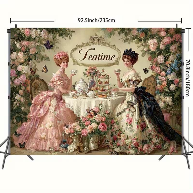 2D Classic Tea Party Backdrop, Rococo Style & Butterfly Photography Background