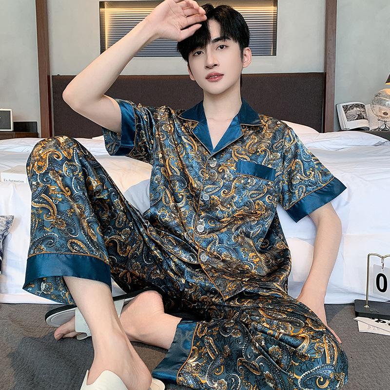 Pajamas men's summer ice silk short-sleeved trousers thin men can wear 1011 light luxury home simulation silk home suit