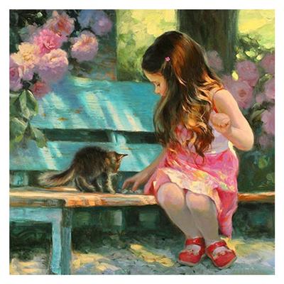 Paisaje de pintura de diamantes DIY Pintura de diamantes de cristal Punto de cruz Niña y gatito Costura