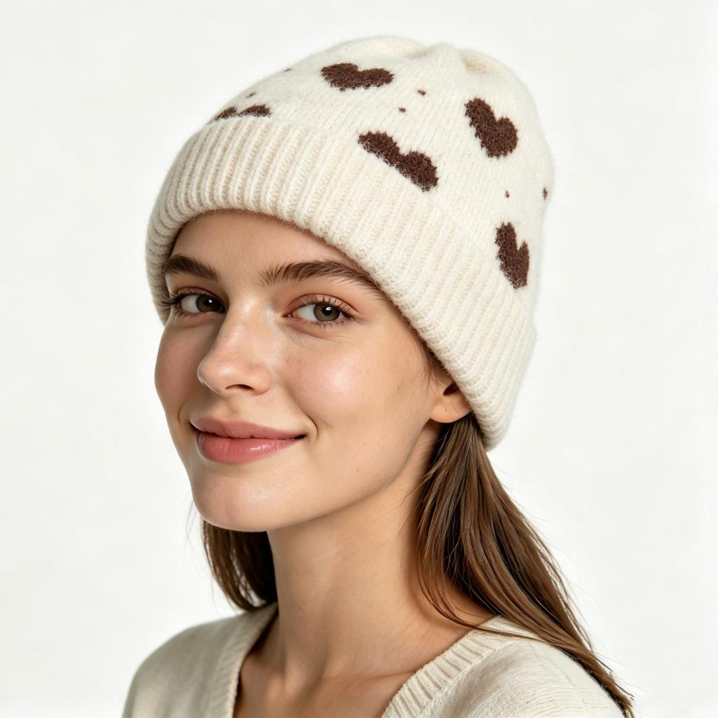 Multi-color wool blended knitted hat autumn and winter retro versatile love jacquard wool hat warm cute ear hat
