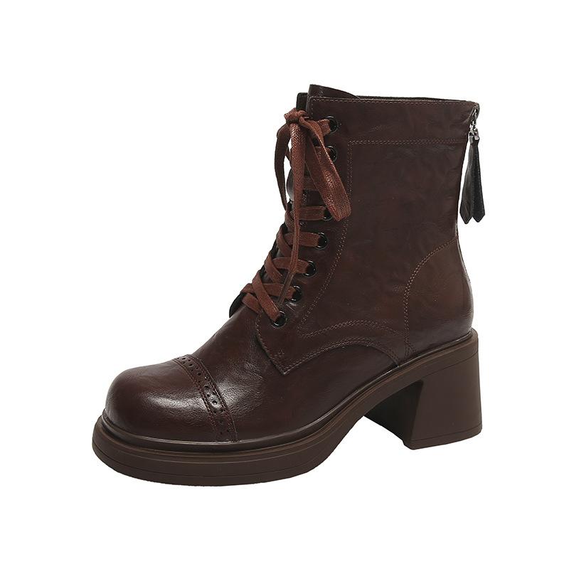 Fashion Women Black Ankle Boots Fashion Lace-Up Platform Thick Heel Motorcycle Booties Retro 2025 Autumn Winter Female Short Botas Shoes